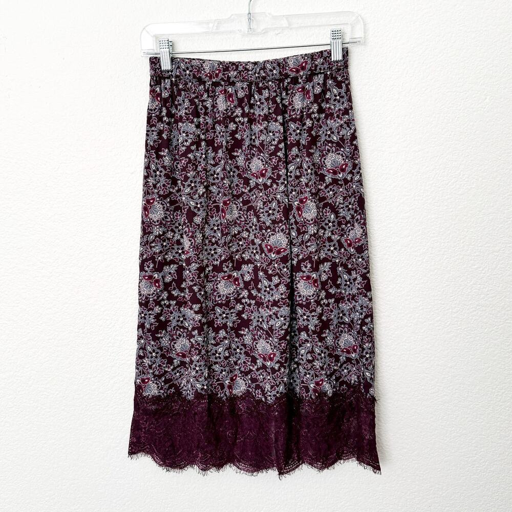 [Abercrombie & Fitch] Purple Floral Paisley Print Lace Trim Midi Skirt Sz Medium